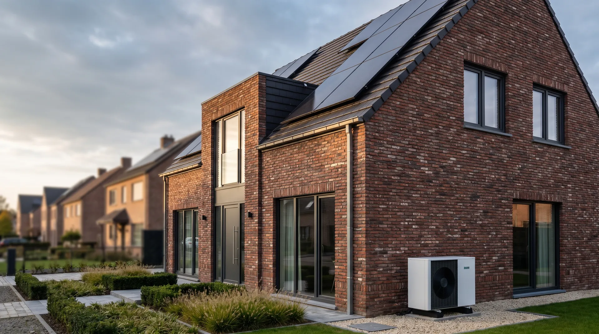 Maison belge rénovée avec châssis Profel, panneaux solaires en toiture et pompe à chaleur