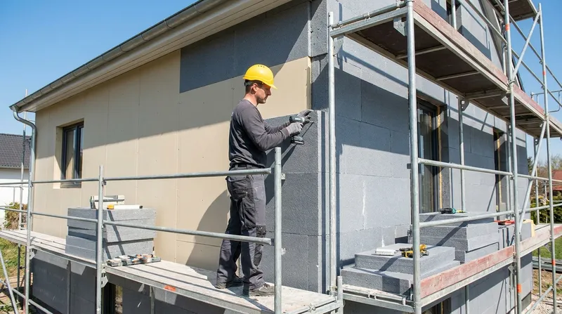 Ouvrier posant de l’isolation thermique sur une façade extérieure