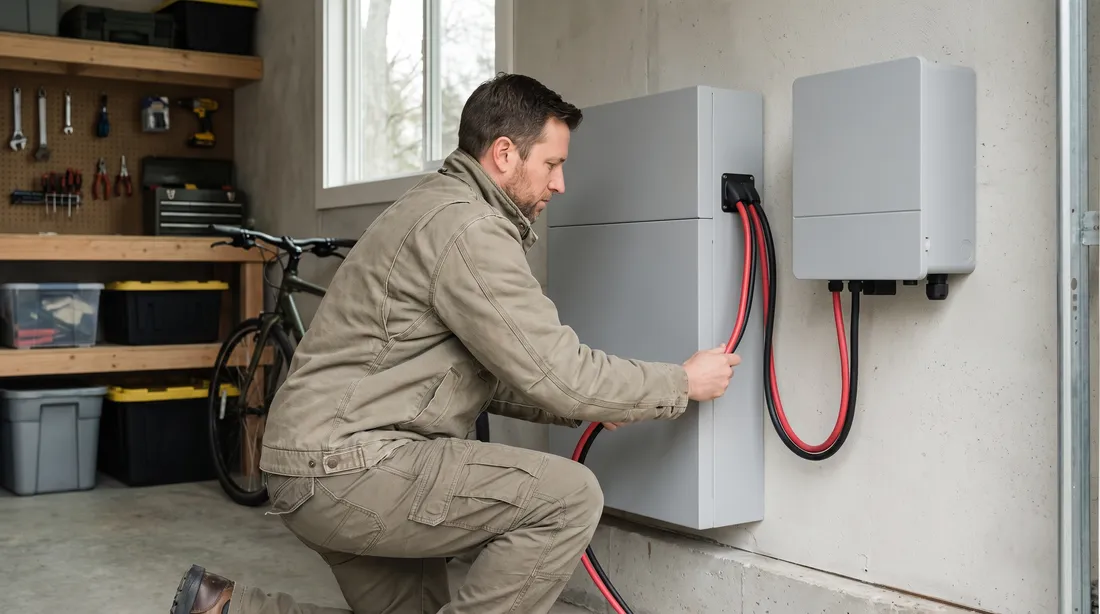 installateur wendows fixant une batterie domestique LFP murale dans un garage